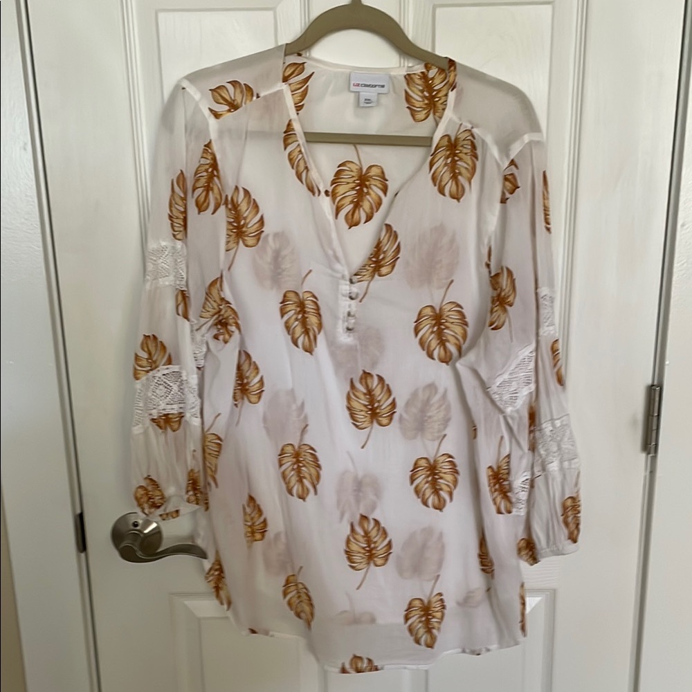 Liz Claiborne White and Brown Leaf Print Blouse
